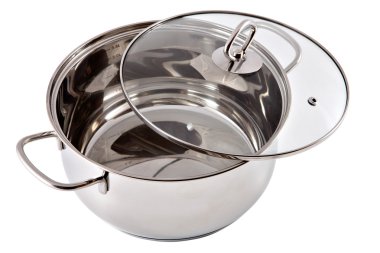 Stainless steel stewpan with clear glass lid, isolated on white.